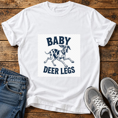 Baby Deer Legs Great Dane graphic T-shirt in White, shown on a flat-lay shirt mockup