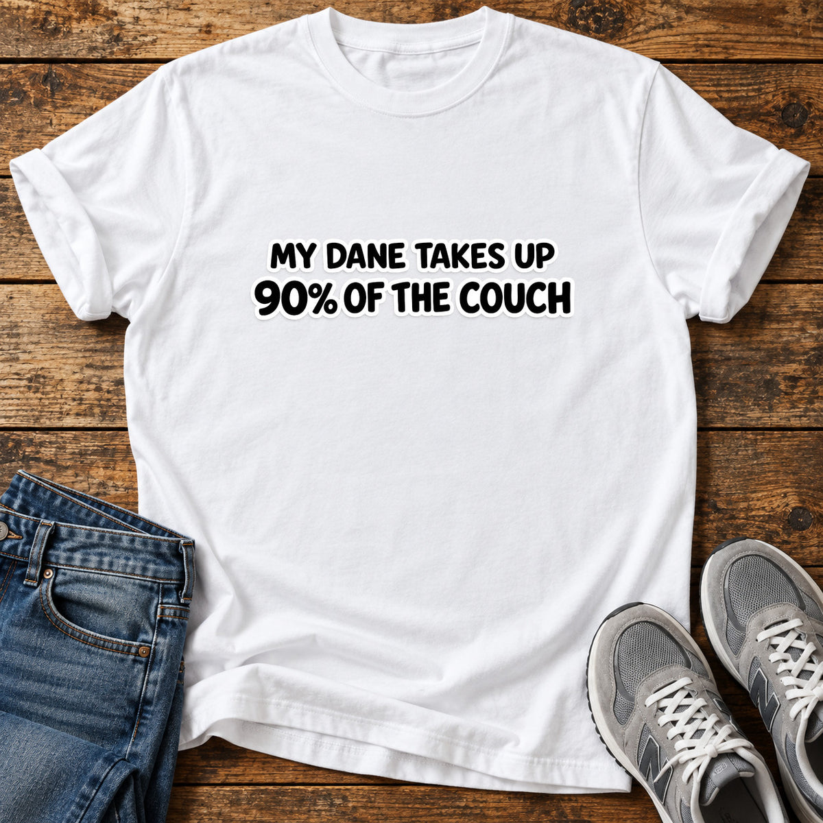 Dane Couch Hog Great Dane graphic T-shirt in White, shown on a flat-lay shirt mockup