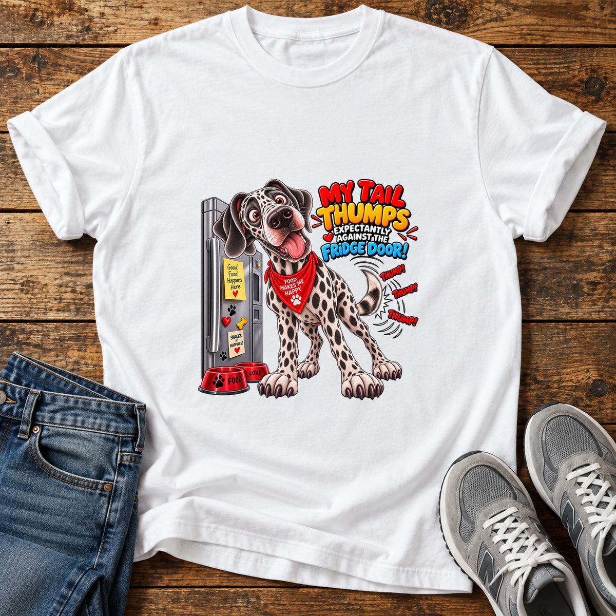 My Tail Thumps Great Dane graphic T-shirt in White, shown on a flat-lay shirt mockup