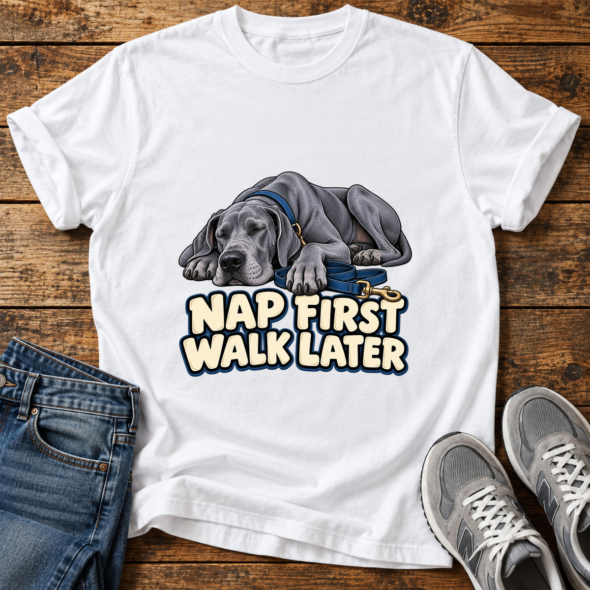Nap First Great Dane graphic T-shirt in White, shown on a flat-lay shirt mockup