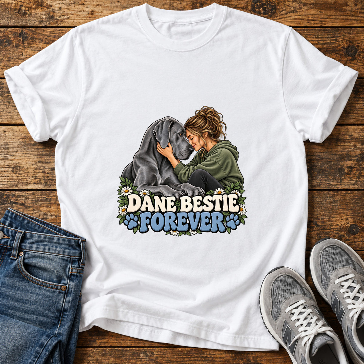 Dane Bestie Forever Great Dane graphic T-shirt in White, shown on a flat-lay shirt mockup
