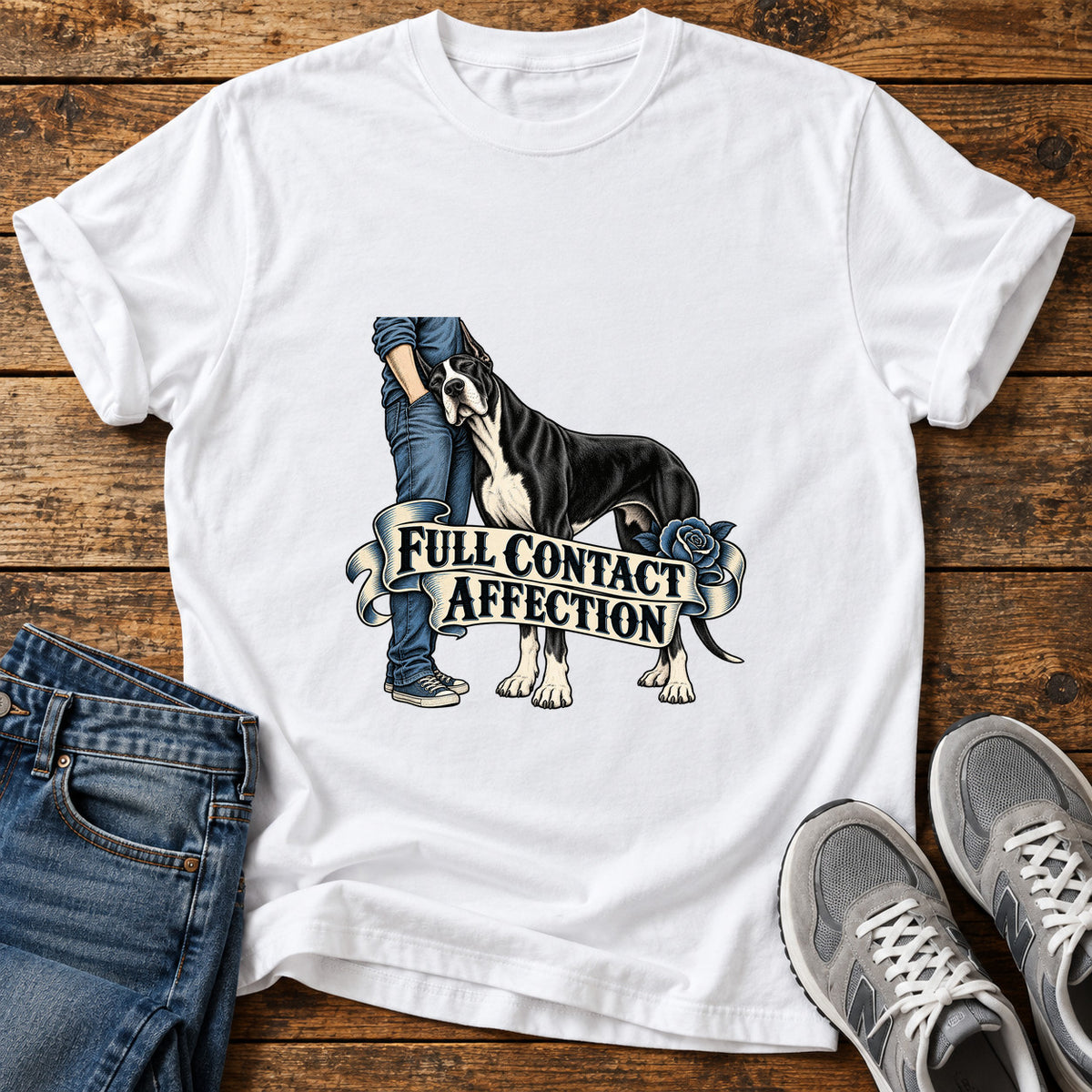 Full Contact Affection Great Dane graphic T-shirt in White, shown on a flat-lay shirt mockup