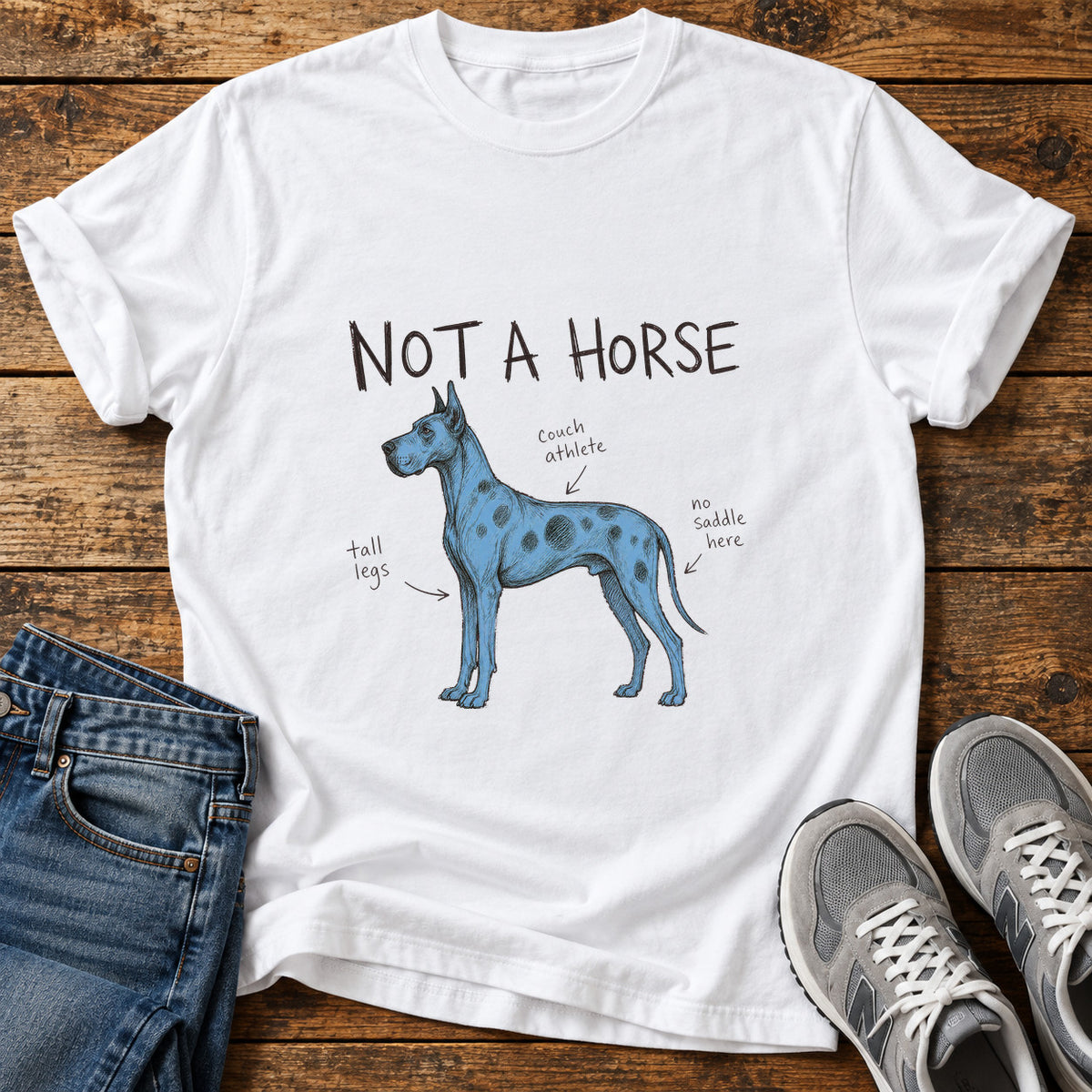 Not a Horse Great Dane graphic T-shirt in White, shown on a flat-lay shirt mockup