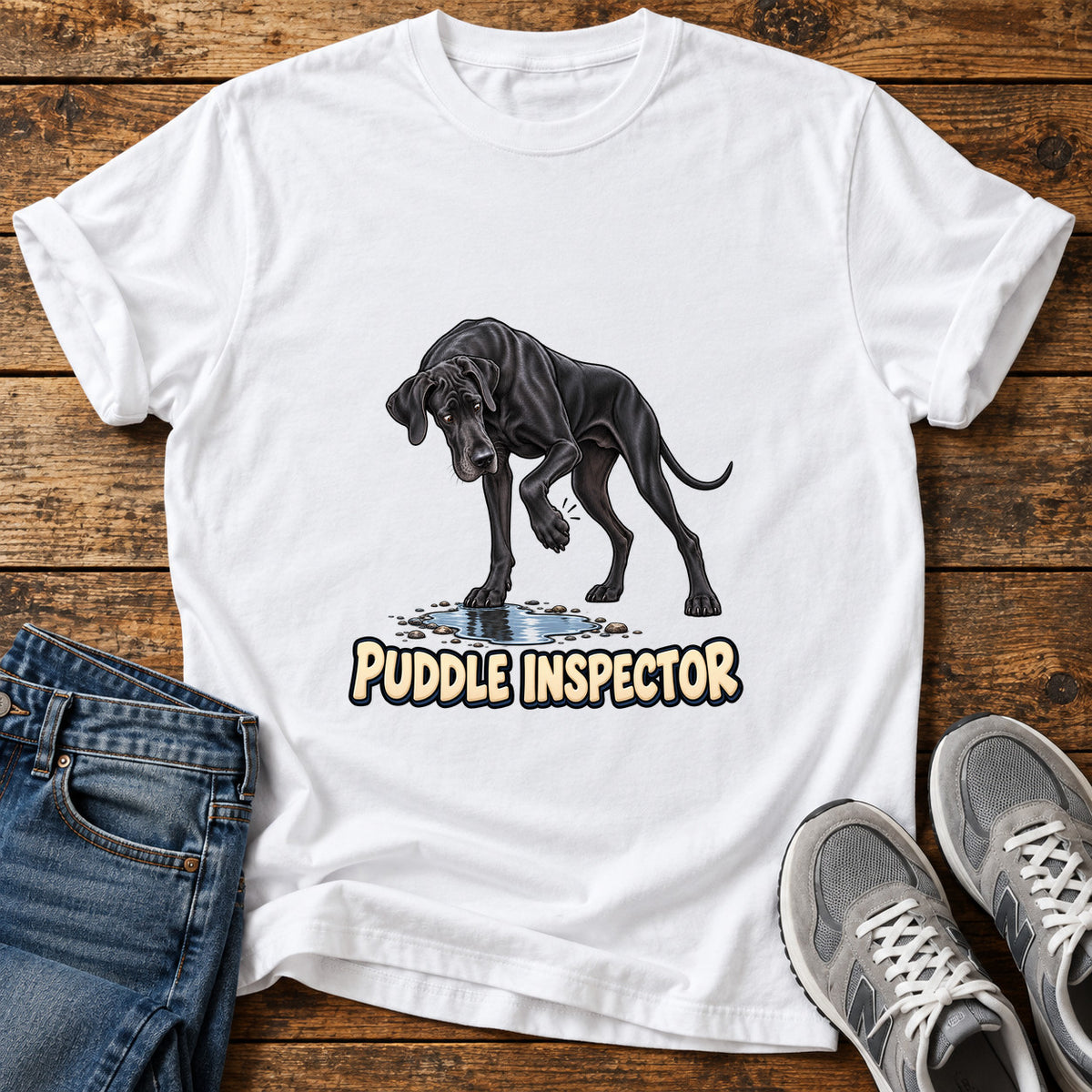 Puddle Inspector Great Dane graphic T-shirt in White, shown on a flat-lay shirt mockup