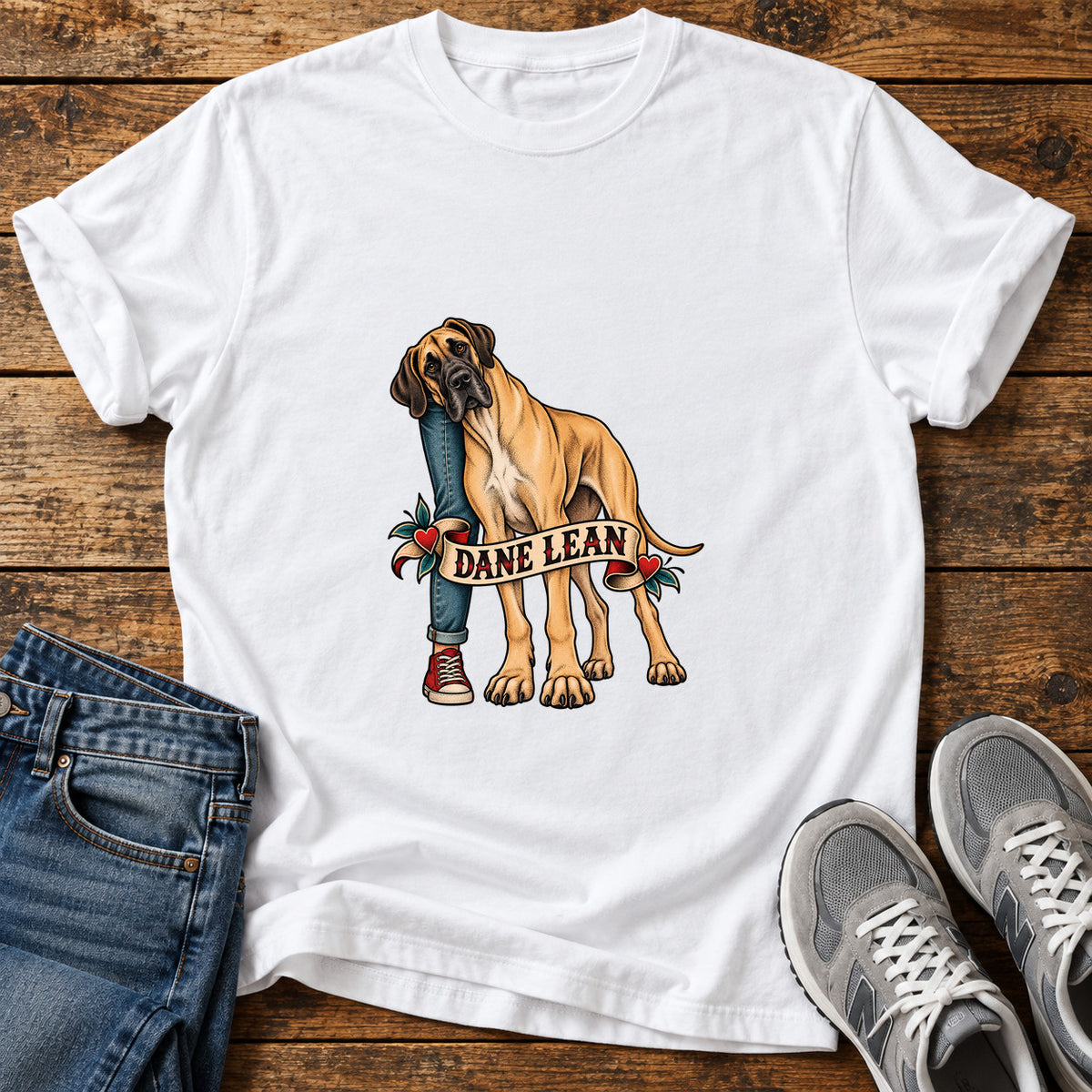 Dane Lean Great Dane graphic T-shirt in White, shown on a flat-lay shirt mockup