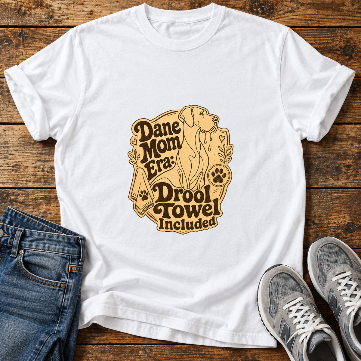 Dane Mom Era Great Dane graphic T-shirt in White, shown on a flat-lay shirt mockup