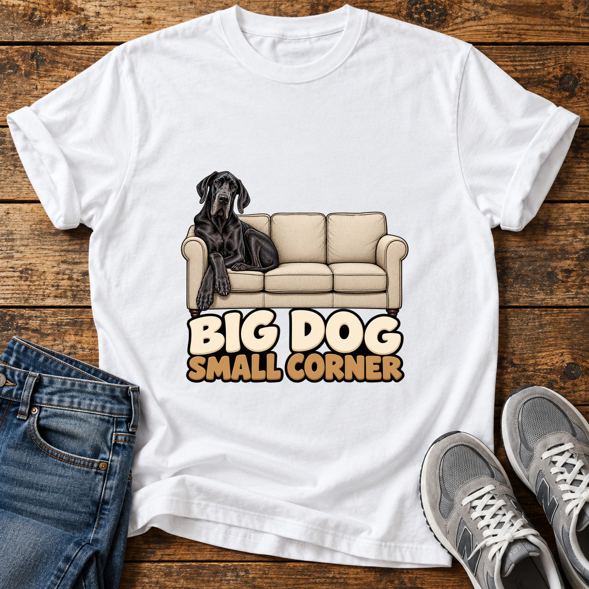 Big Dog Corner Great Dane graphic T-shirt in White, shown on a flat-lay shirt mockup