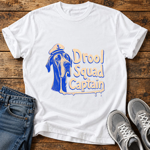 Drool Squad Captain Great Dane graphic T-shirt in White, shown on a flat-lay shirt mockup