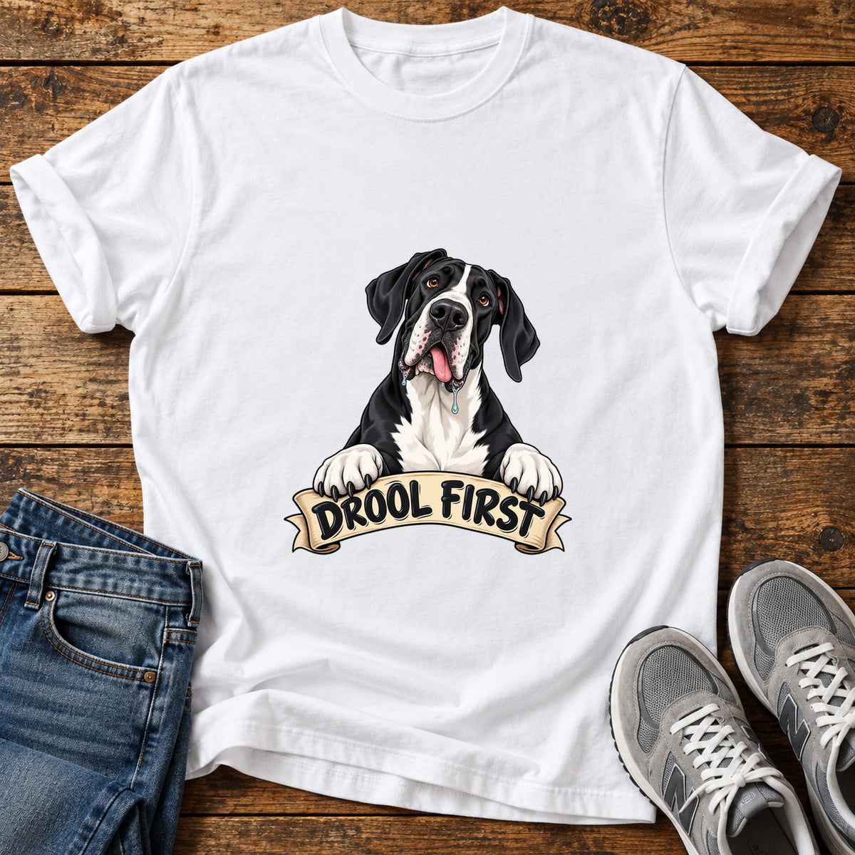 Drool First Great Dane graphic T-shirt in White, shown on a flat-lay shirt mockup