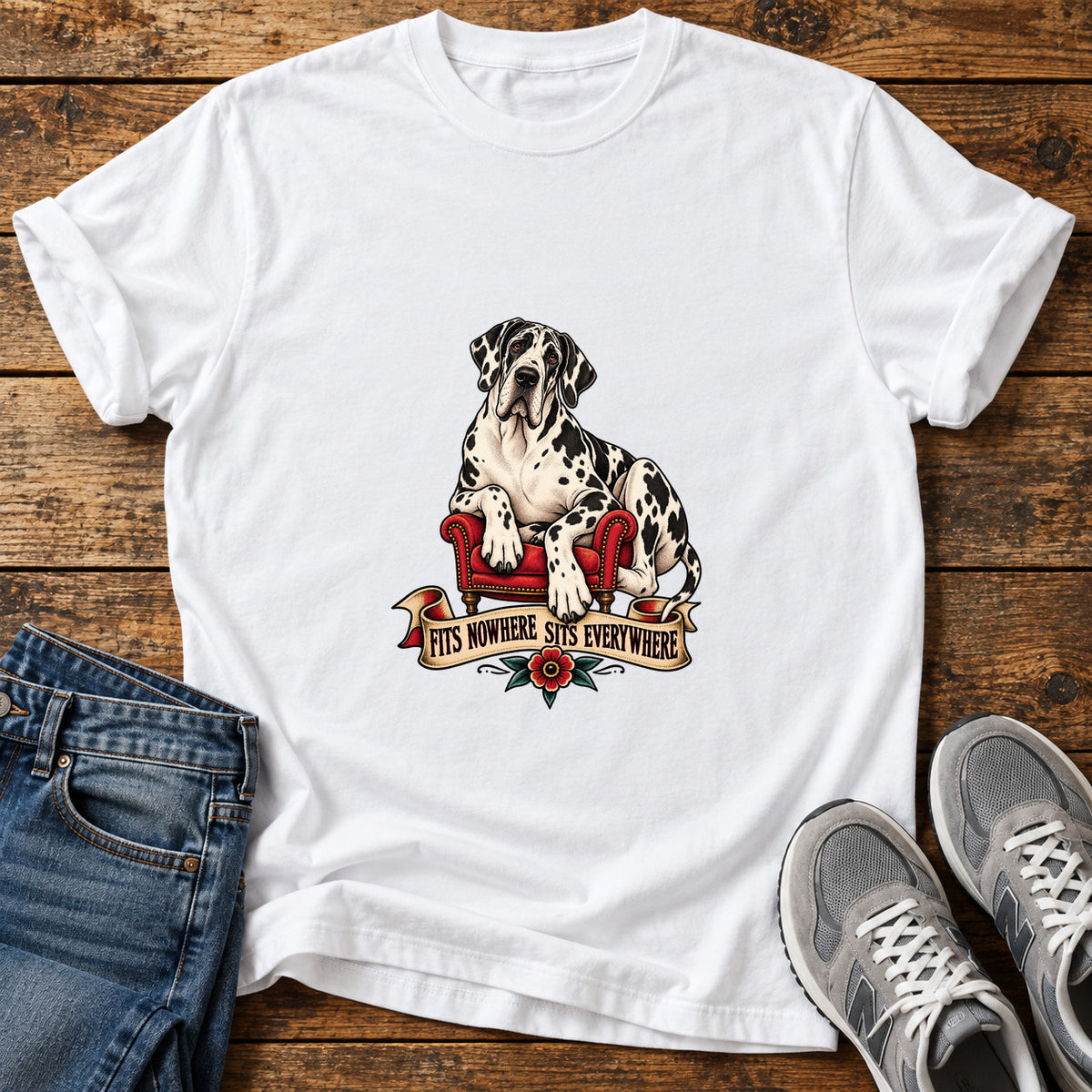 Sits Everywhere Great Dane graphic T-shirt in White, shown on a flat-lay shirt mockup