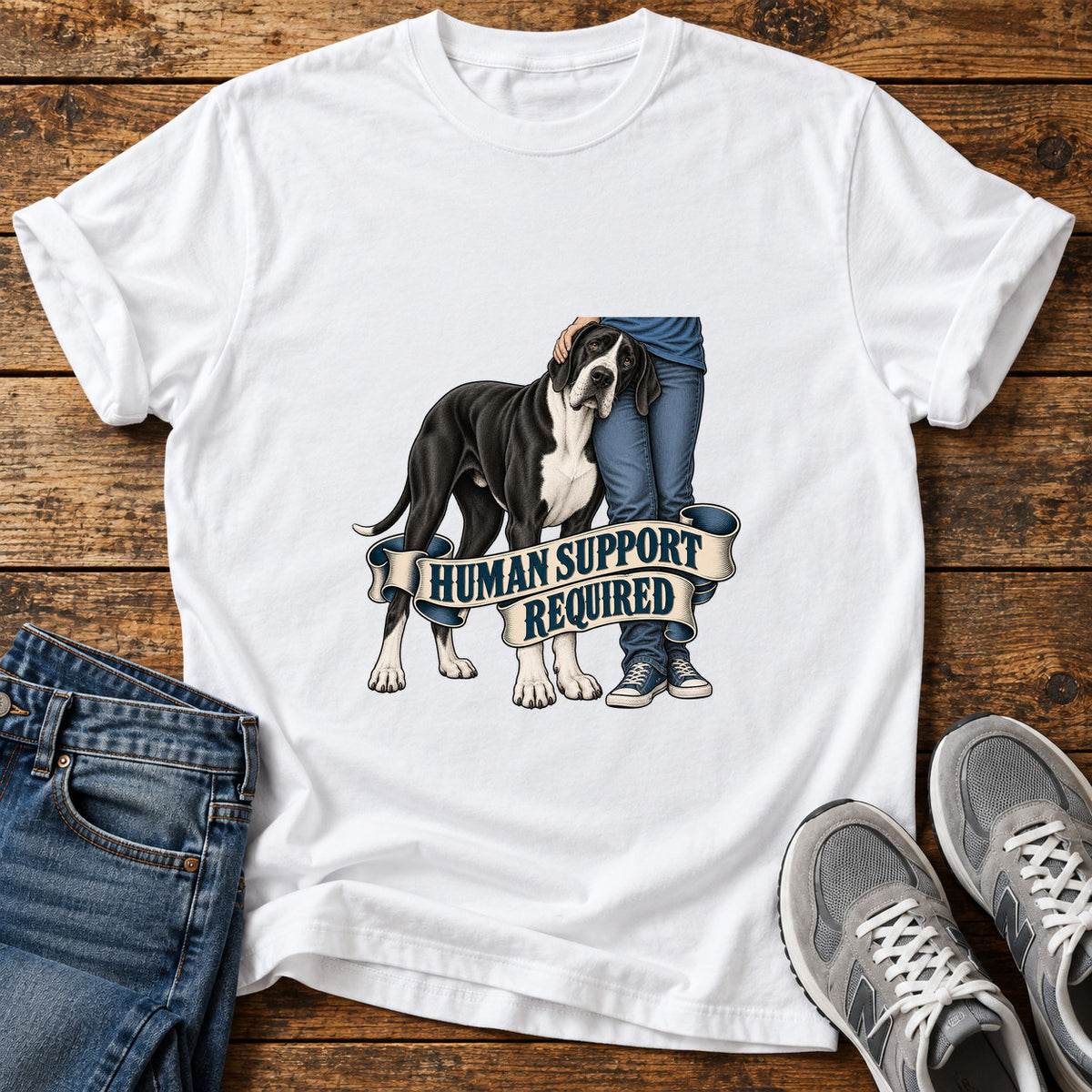 Human Support Required Great Dane graphic T-shirt in White, shown on a flat-lay shirt mockup