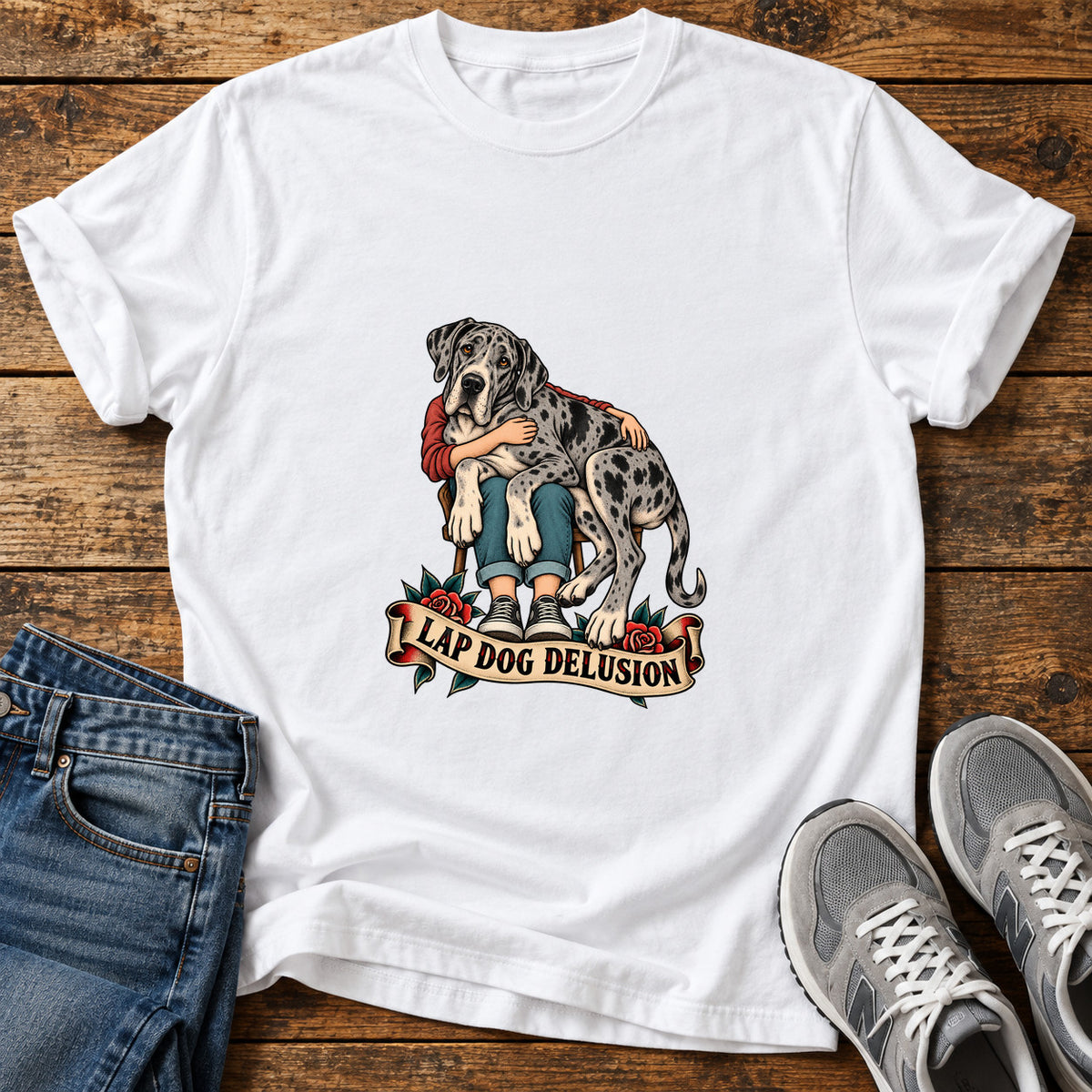 Lap Dog Delusion Great Dane graphic T-shirt in White, shown on a flat-lay shirt mockup