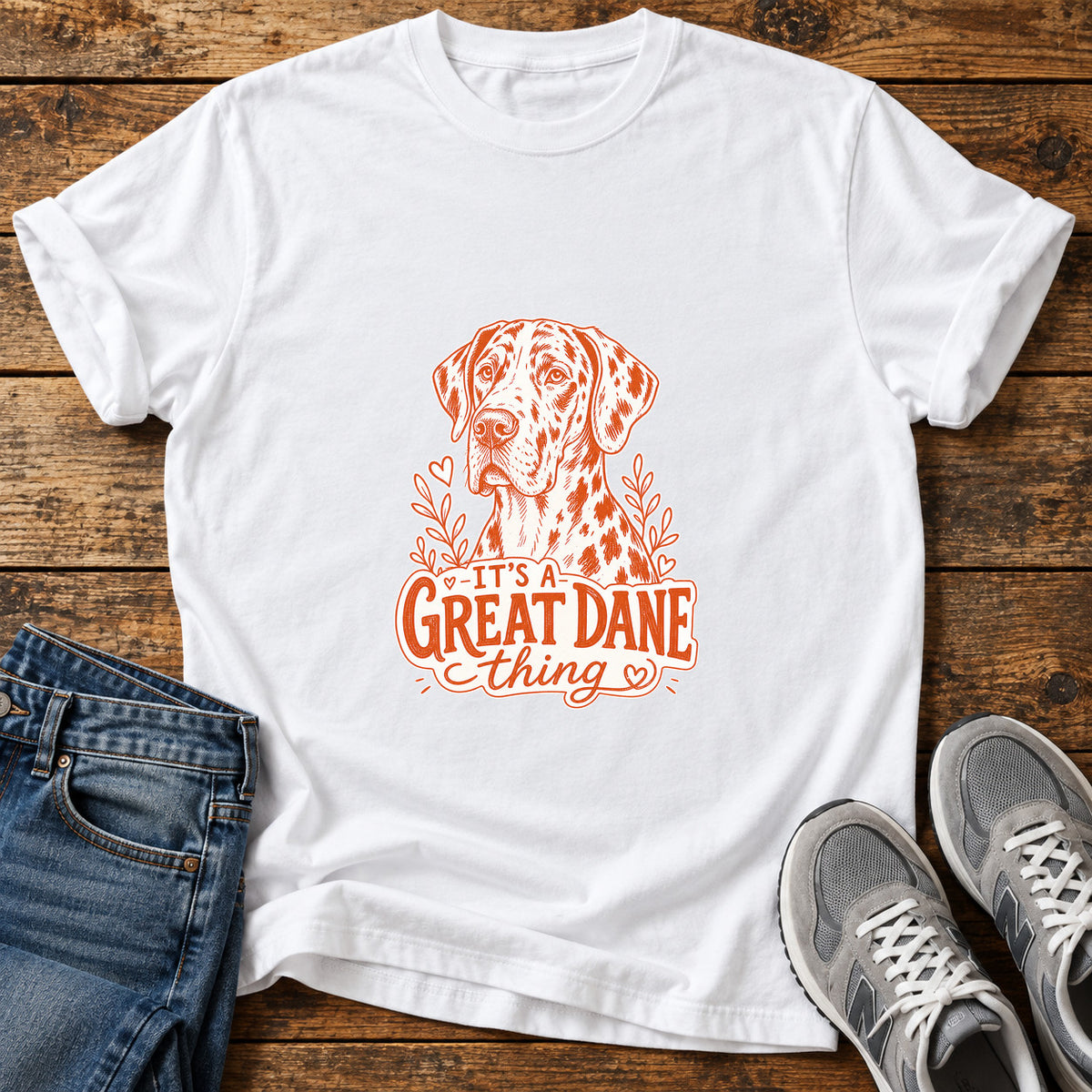 Great Dane Thing graphic T-shirt in White, shown on a flat-lay shirt mockup
