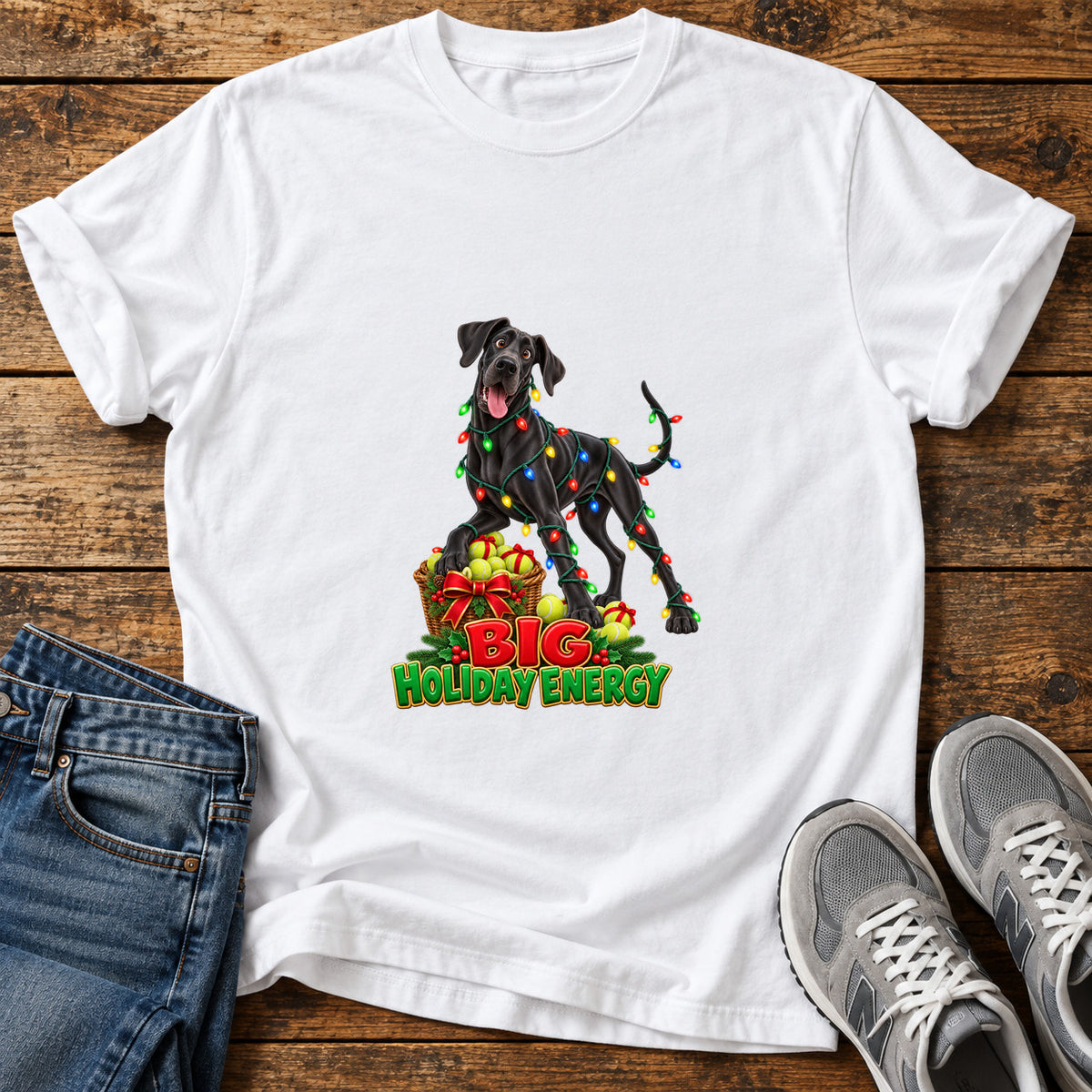 Big Holiday Energy Great Dane graphic T-shirt in White, shown on a flat-lay shirt mockup