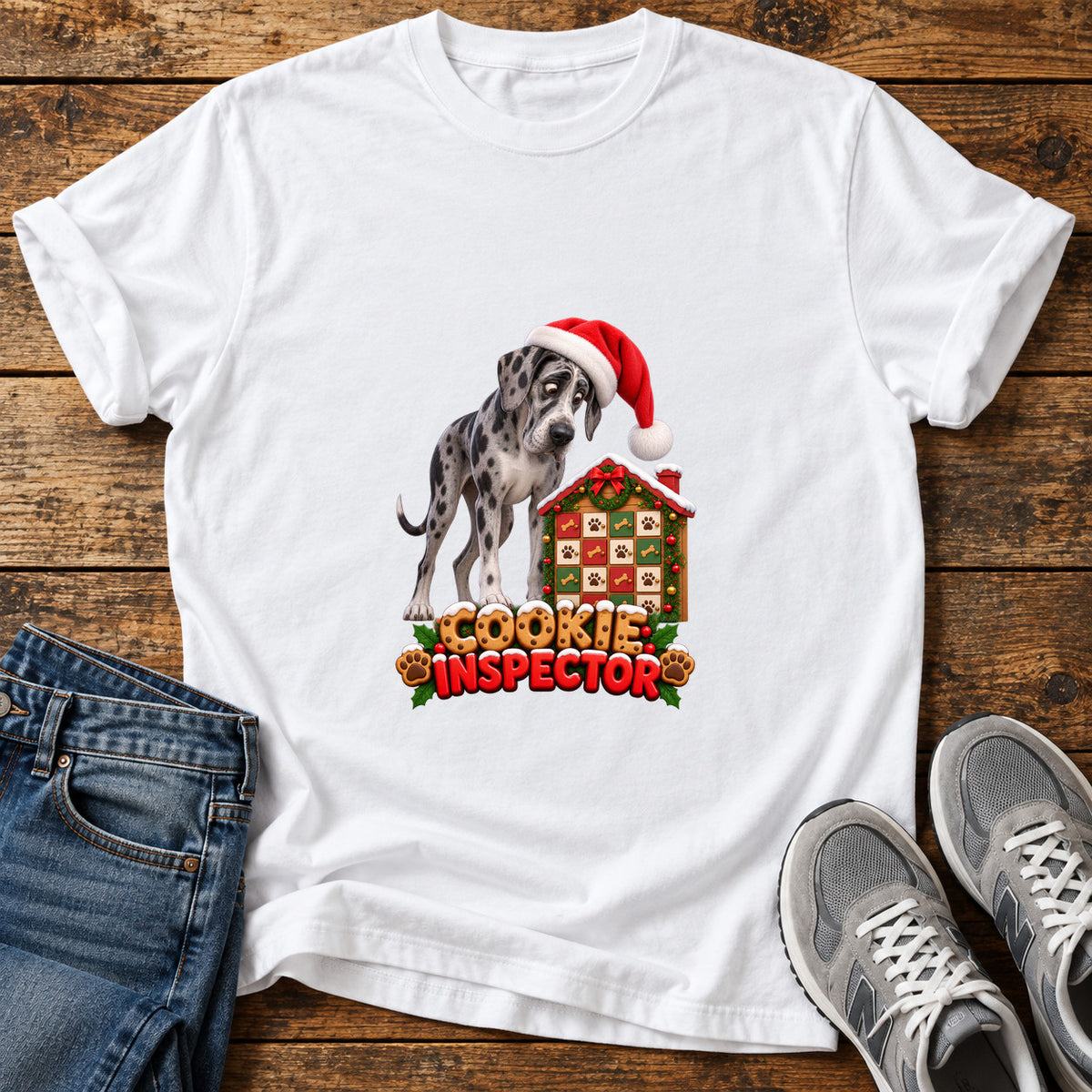 Cookie Inspector Great Dane graphic T-shirt in White, shown on a flat-lay shirt mockup
