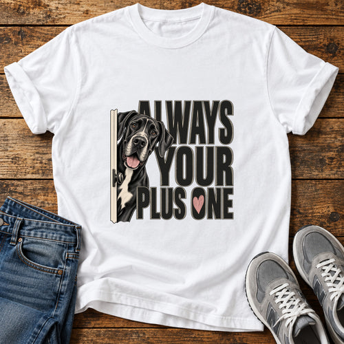 Always Plus One Great Dane graphic T-shirt in White, shown on a flat-lay shirt mockup