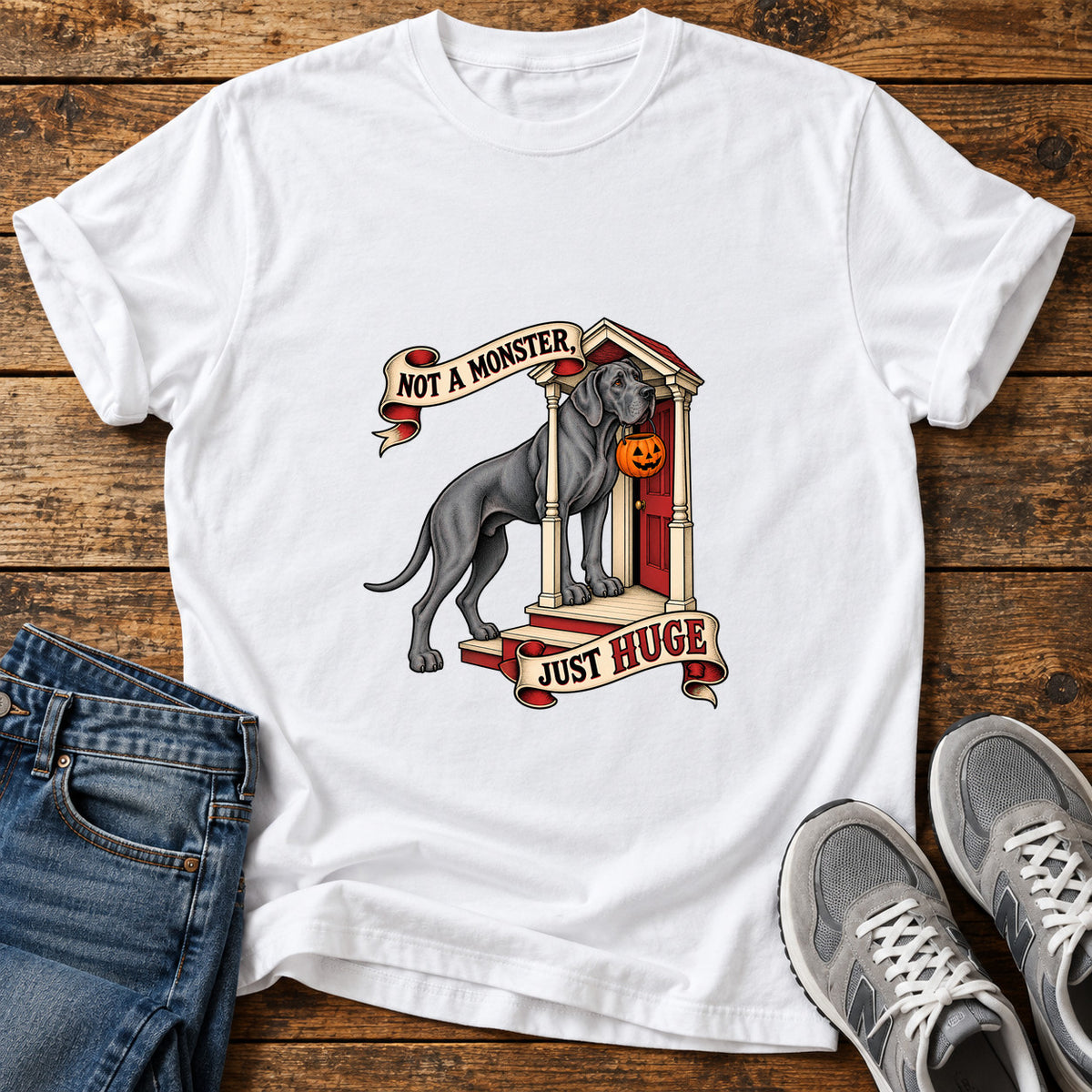 Not A Monster Great Dane graphic T-shirt in White, shown on a flat-lay shirt mockup