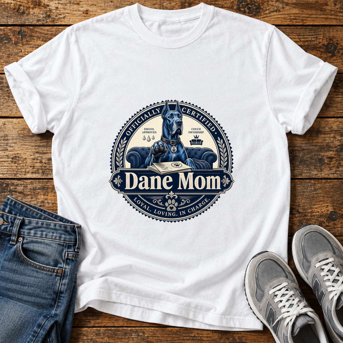 Dane Mom Great Dane graphic T-shirt in White, shown on a flat-lay shirt mockup