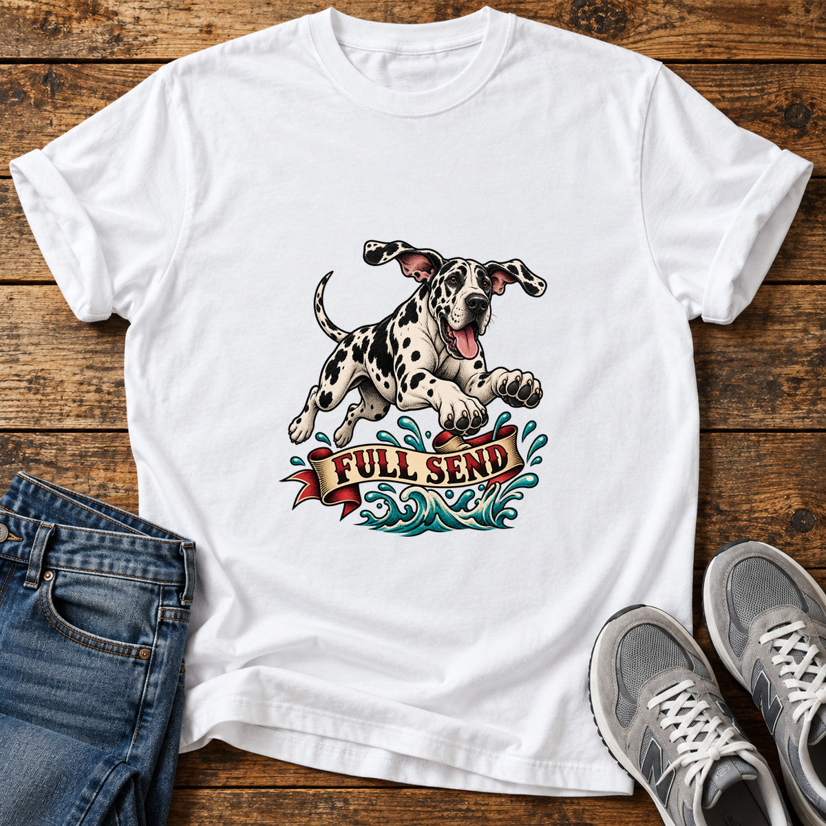 Full Send Pup Great Dane graphic T-shirt in White, shown on a flat-lay shirt mockup