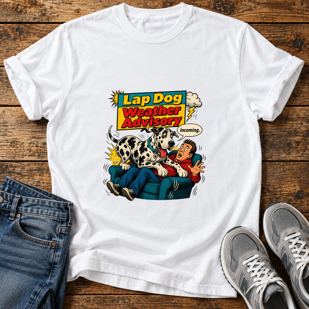 Lap Dog Advisory Great Dane graphic T-shirt in White, shown on a flat-lay shirt mockup