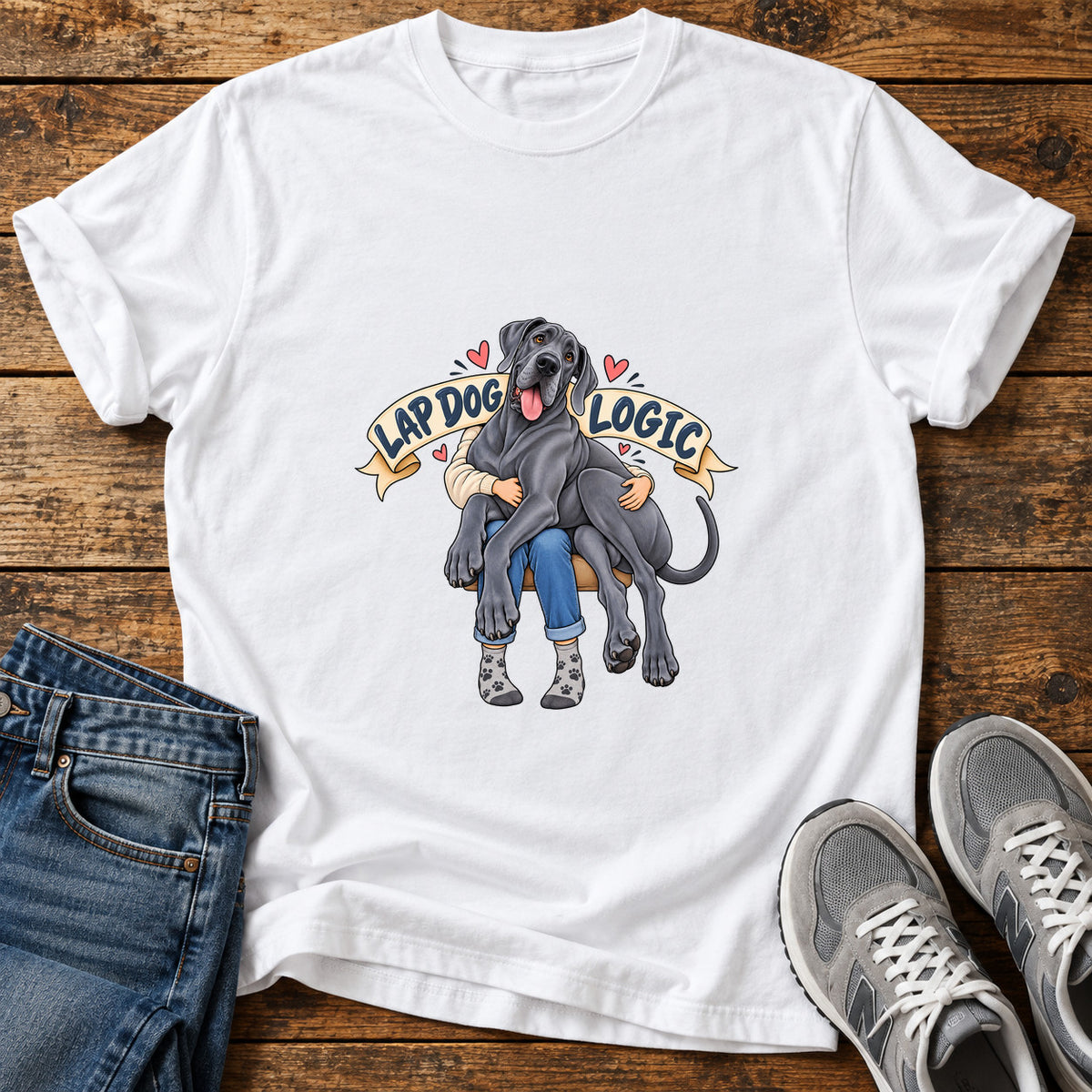 Lap Dog Logic Great Dane graphic T-shirt in White, shown on a flat-lay shirt mockup