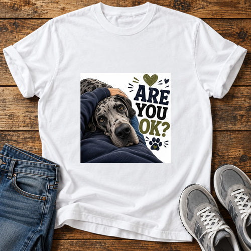 Are You OK Great Dane graphic T-shirt in White, shown on a flat-lay shirt mockup