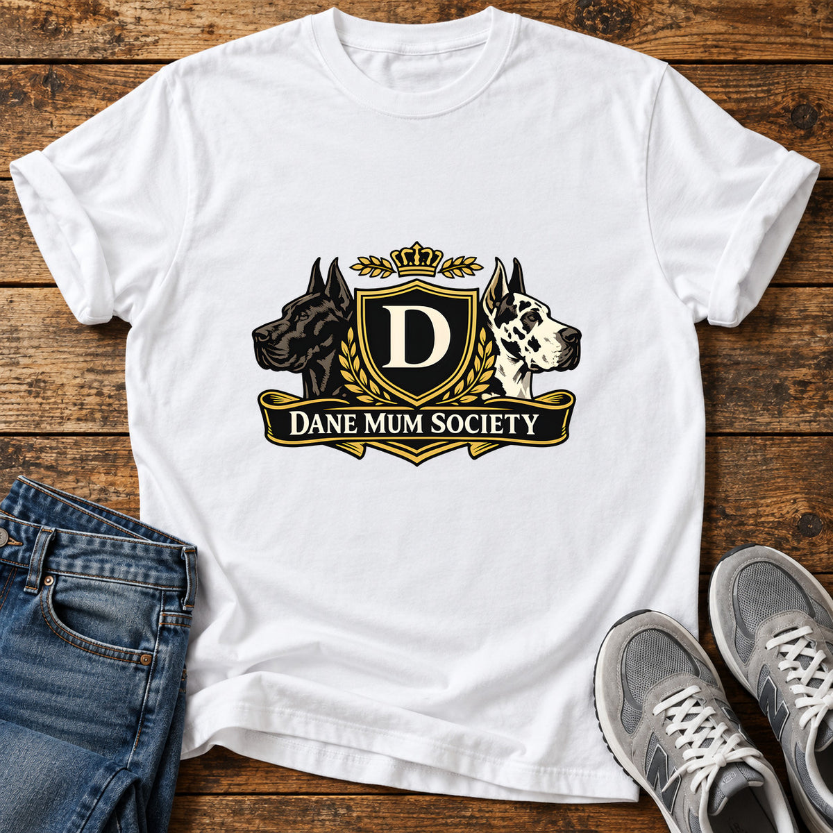 Dane Mum Society Great Dane graphic T-shirt in White, shown on a flat-lay shirt mockup