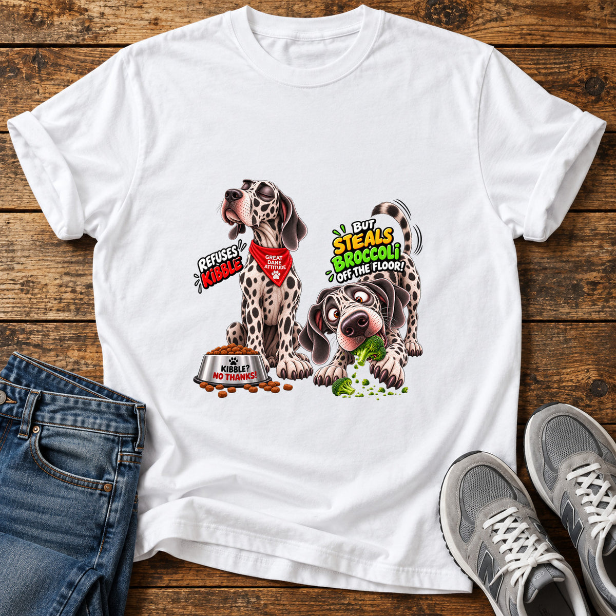 Great Dane Kibble graphic T-shirt in White, shown on a flat-lay shirt mockup