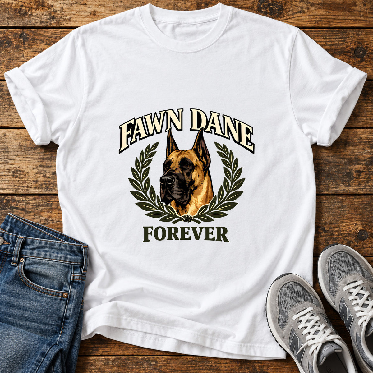 Fawn Dane Forever Great Dane graphic T-shirt in White, shown on a flat-lay shirt mockup