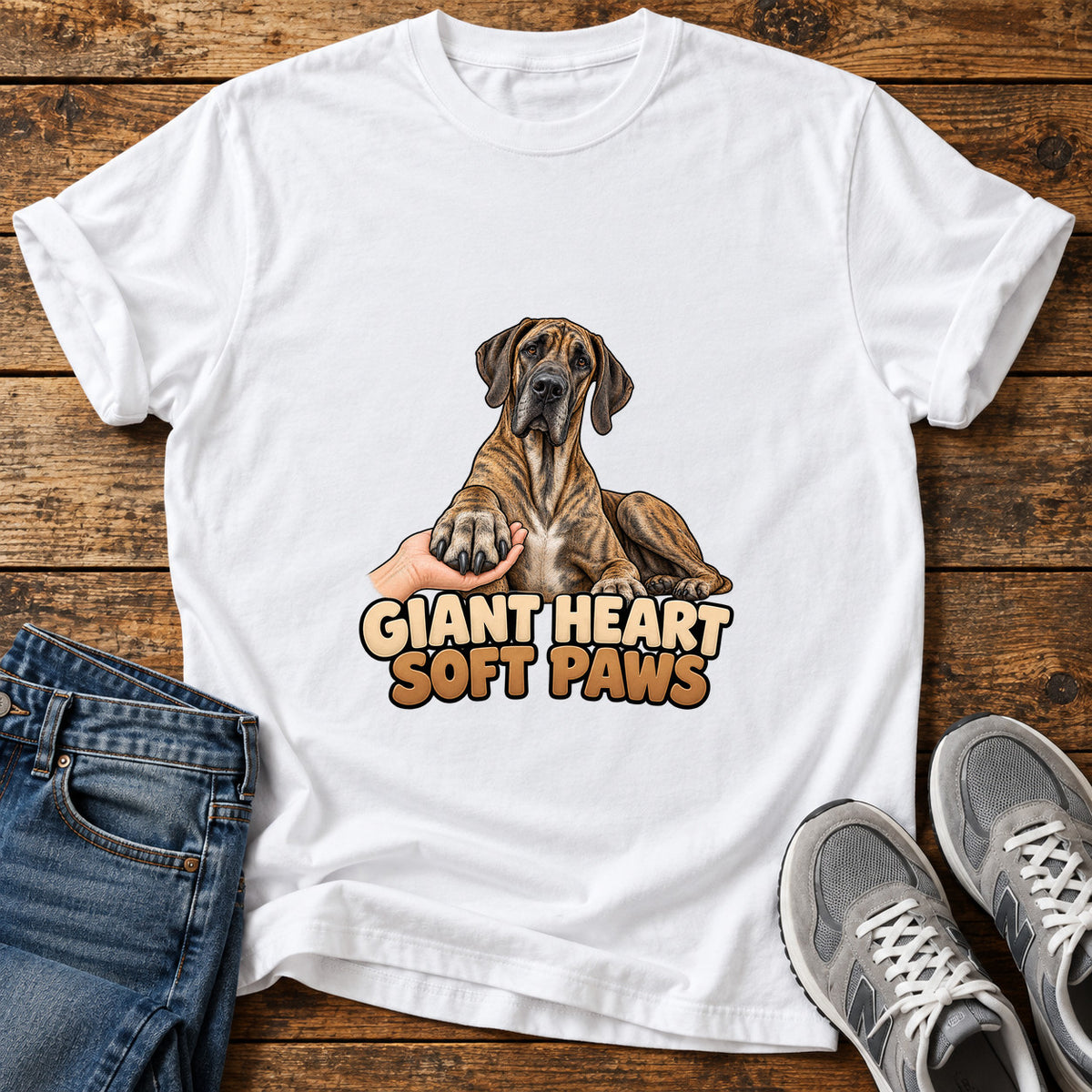 Giant Heart Great Dane graphic T-shirt in White, shown on a flat-lay shirt mockup