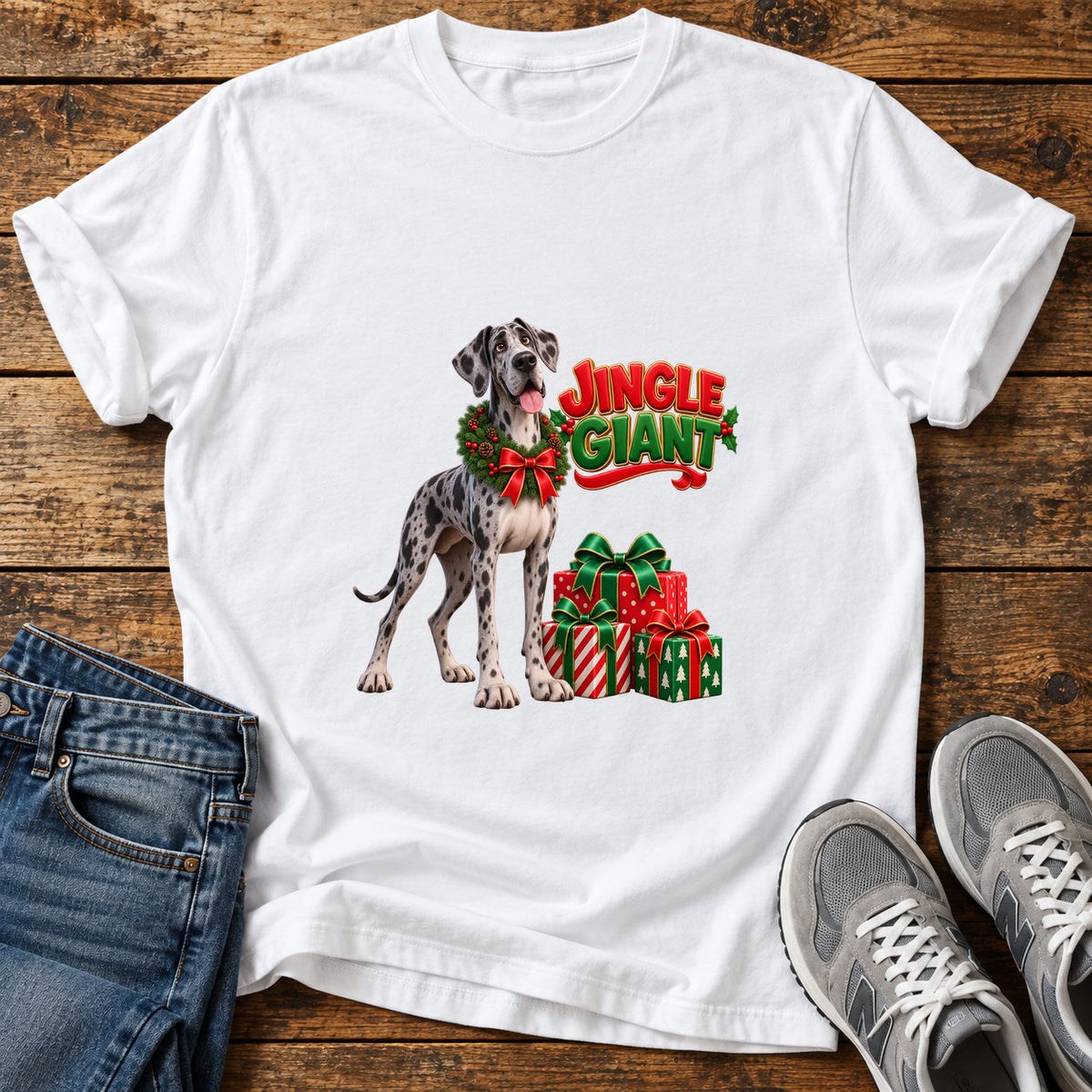Jingle Giant Great Dane graphic T-shirt in White, shown on a flat-lay shirt mockup