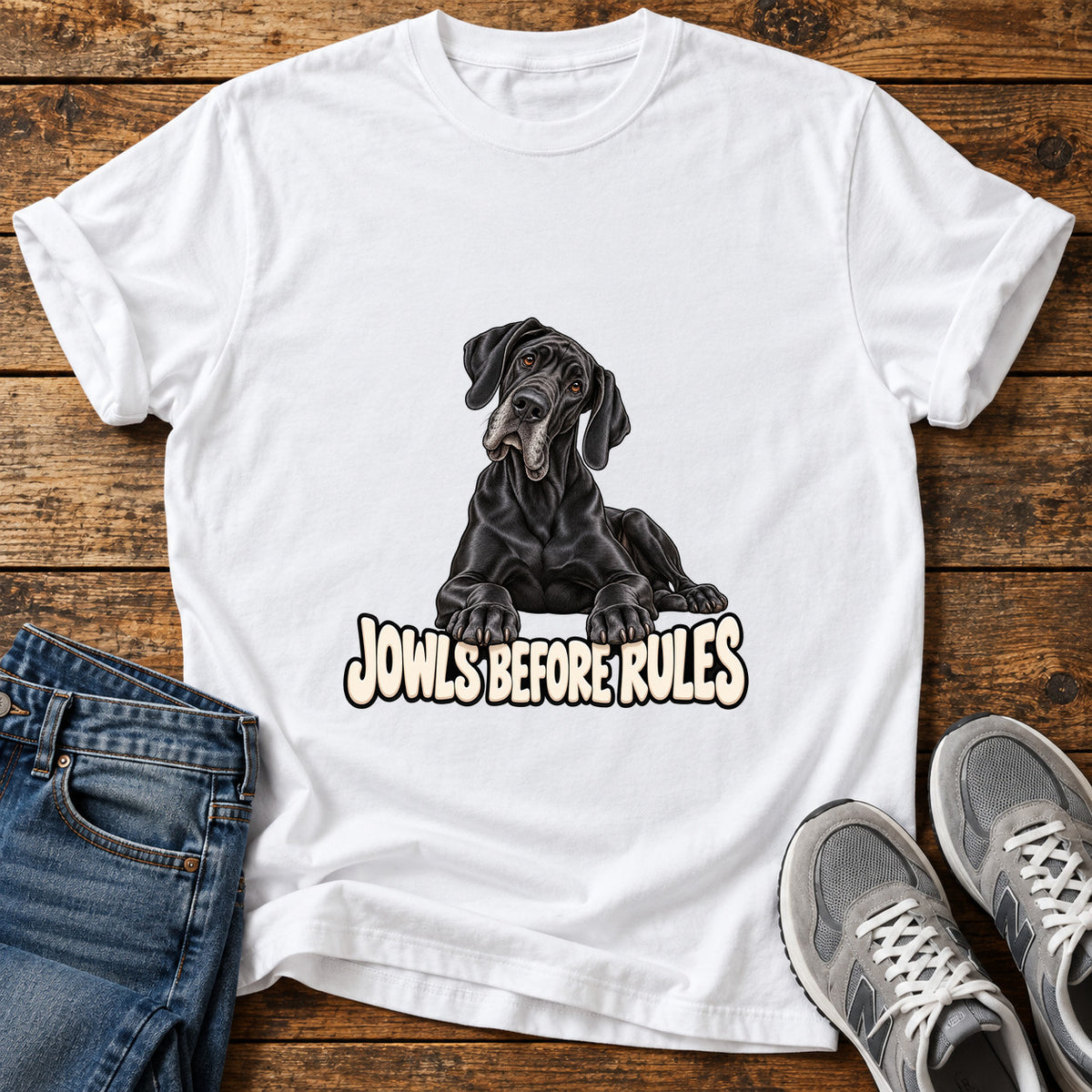 Jowls Before Rules Great Dane graphic T-shirt in White, shown on a flat-lay shirt mockup