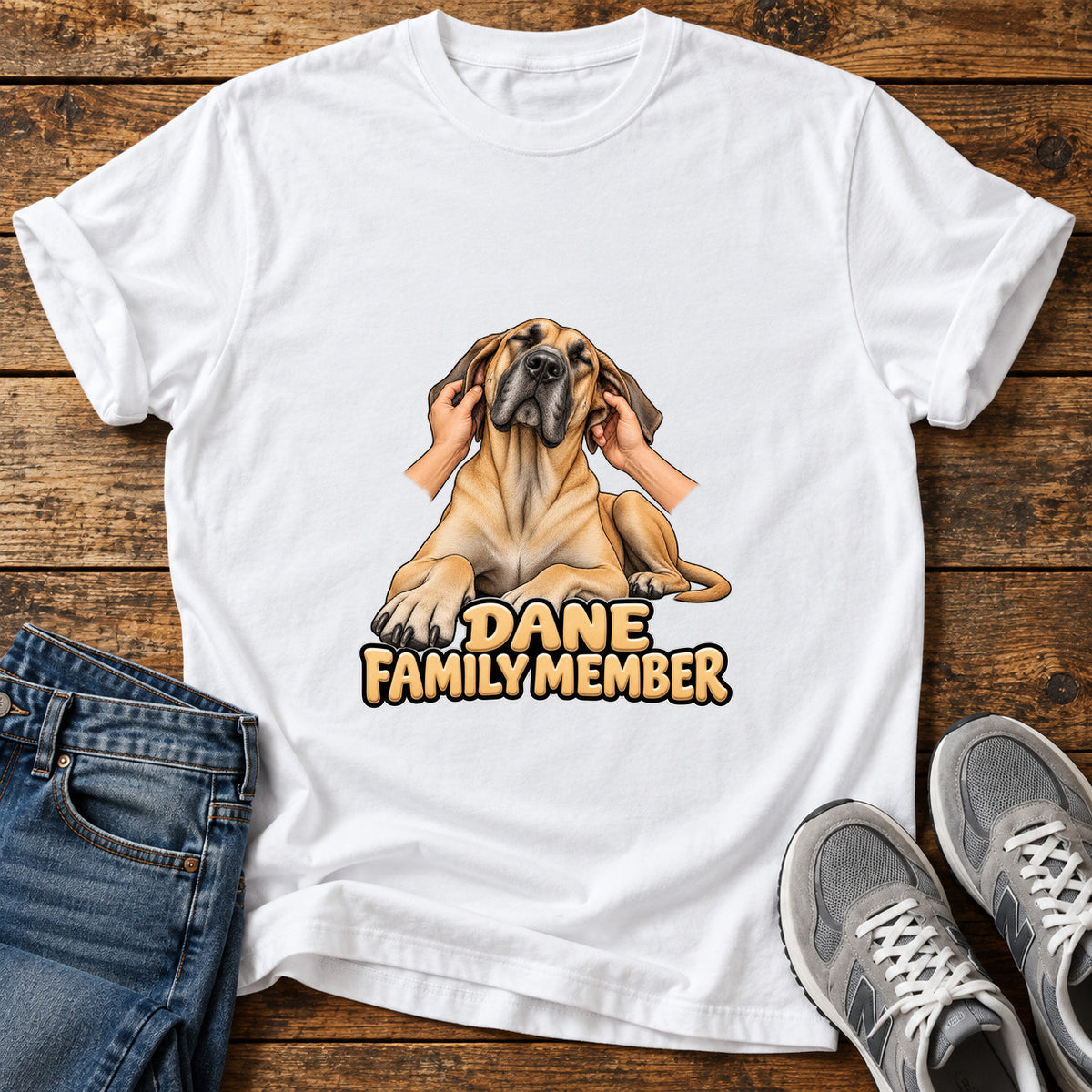 Dane Family Member Great Dane graphic T-shirt in White, shown on a flat-lay shirt mockup