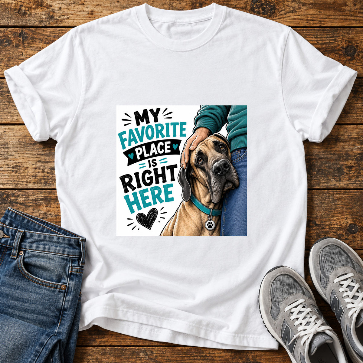 Favorite Place Great Dane graphic T-shirt in White, shown on a flat-lay shirt mockup