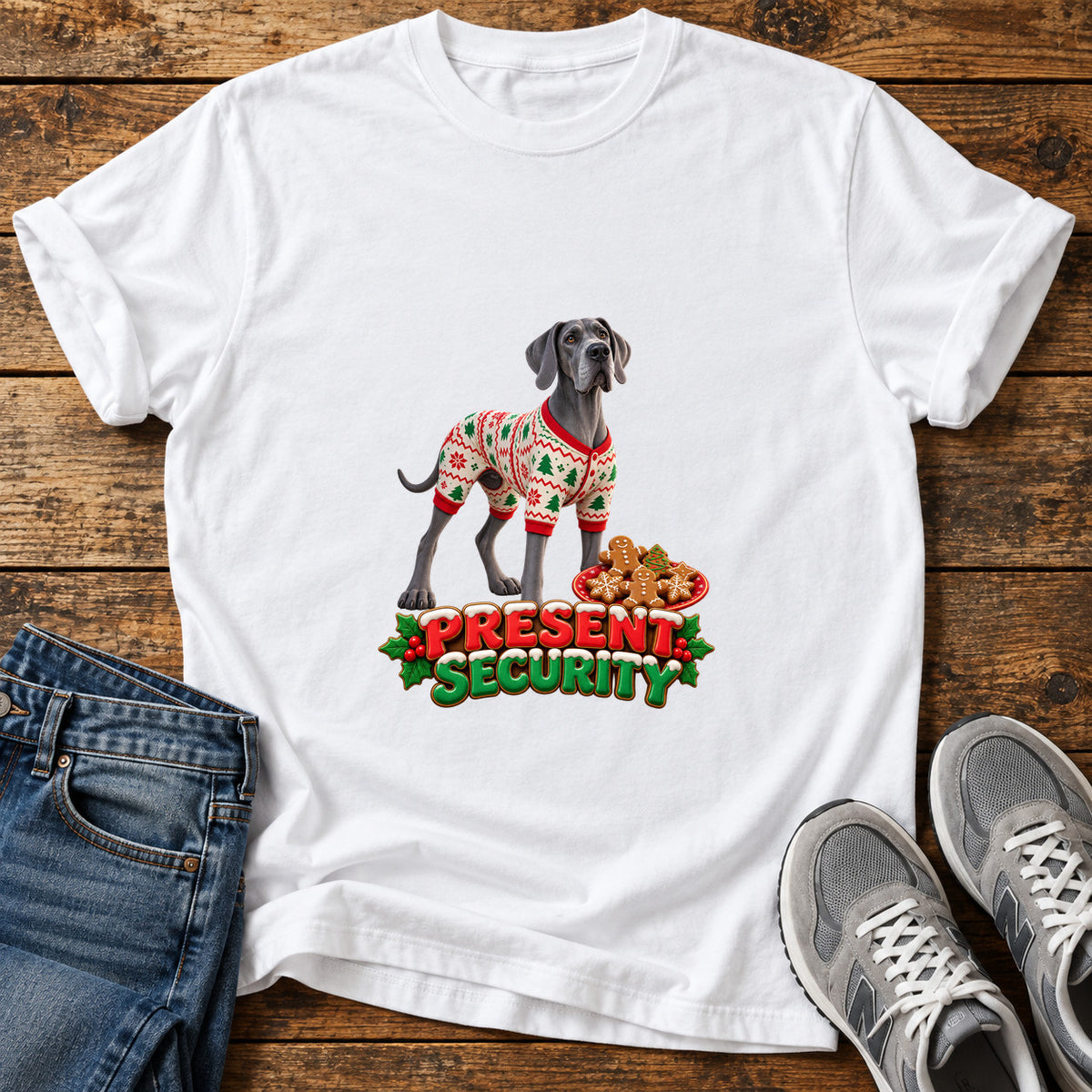 Present Security Great Dane graphic T-shirt in White, shown on a flat-lay shirt mockup