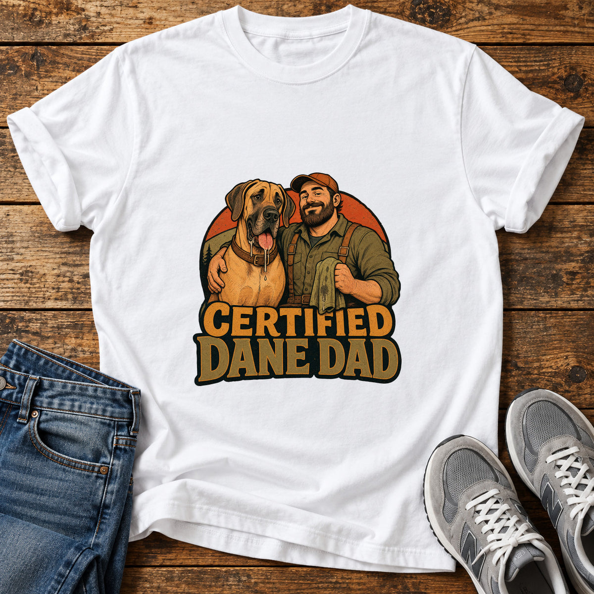Certified Dane Dad Great Dane graphic T-shirt in White, shown on a flat-lay shirt mockup
