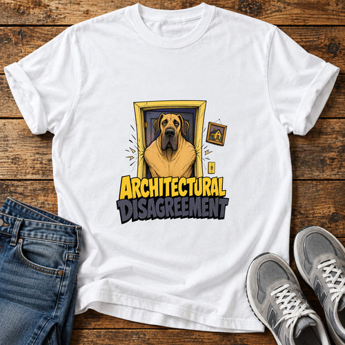 Architectural Disagreement Great Dane graphic T-shirt in White, shown on a flat-lay shirt mockup