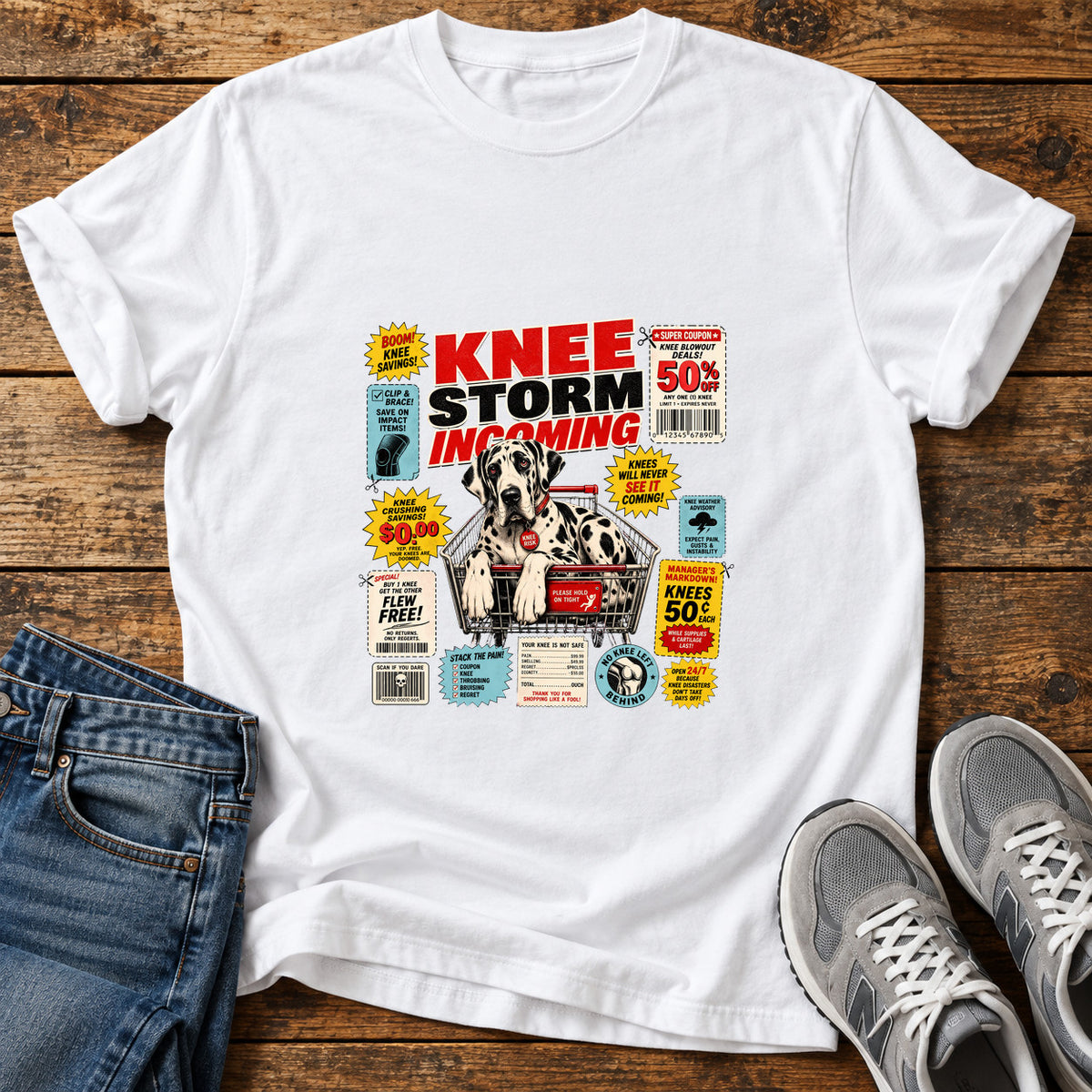 Knee Storm Incoming Great Dane graphic T-shirt in White, shown on a flat-lay shirt mockup