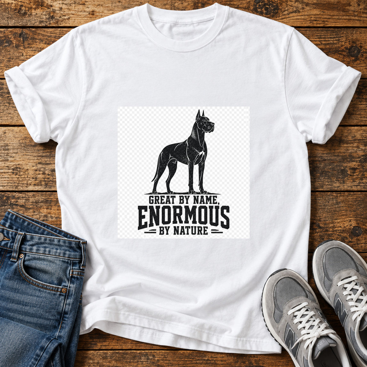 Enormous By Nature Great Dane graphic T-shirt in White, shown on a flat-lay shirt mockup