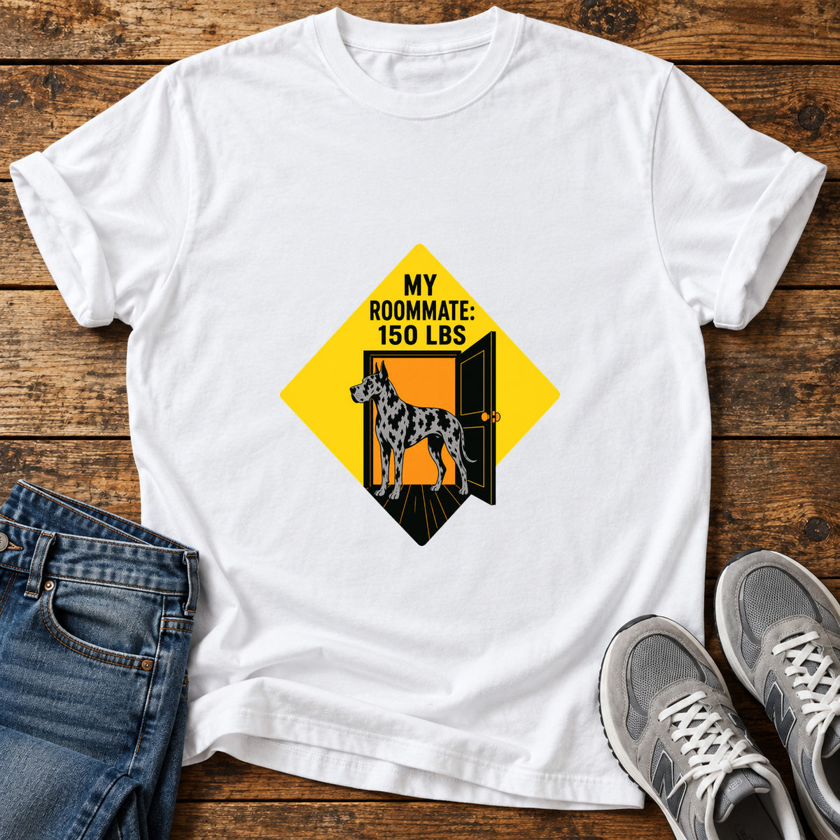 Roommate Dog Great Dane graphic T-shirt in White, shown on a flat-lay shirt mockup