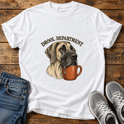 Drool Department Great Dane graphic T-shirt in White, shown on a flat-lay shirt mockup