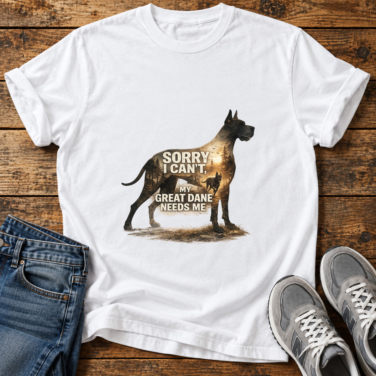 Great Dane Love graphic T-shirt in White, shown on a flat-lay shirt mockup