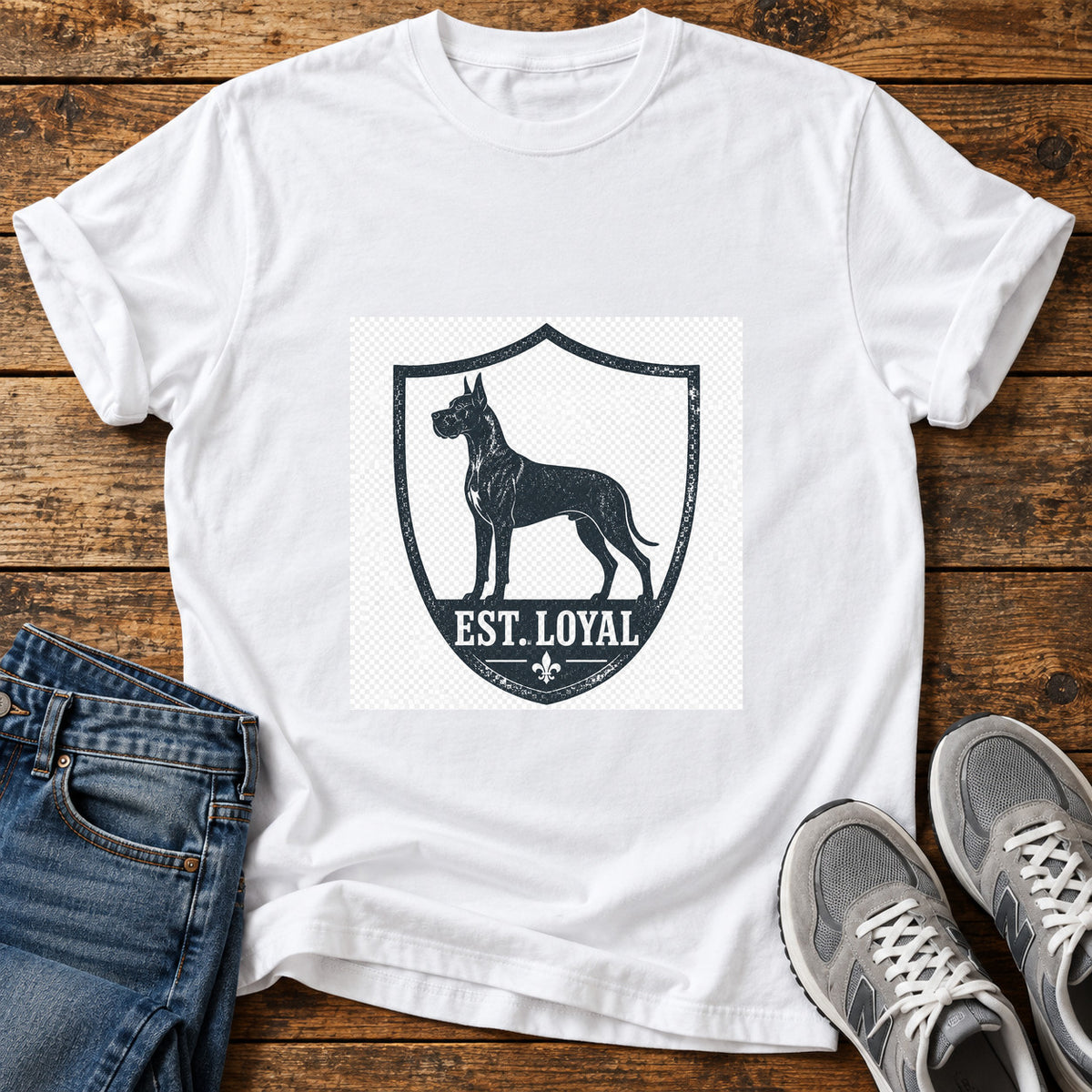 Est Loyal Great Dane graphic T-shirt in White, shown on a flat-lay shirt mockup