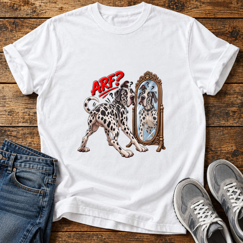 Arf Reflection Great Dane graphic T-shirt in White, shown on a flat-lay shirt mockup