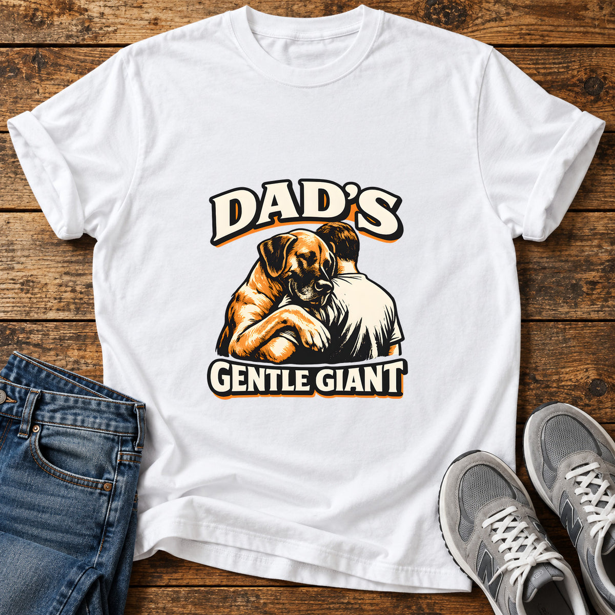 Dad's Gentle Giant Great Dane graphic T-shirt in White, shown on a flat-lay shirt mockup