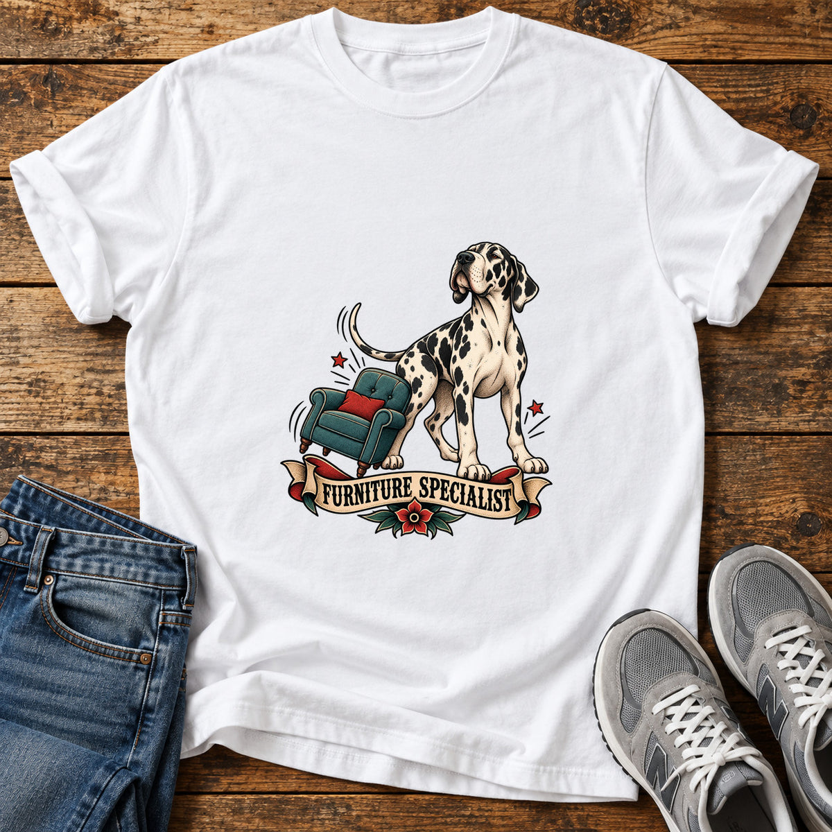 Furniture Specialist Great Dane graphic T-shirt in White, shown on a flat-lay shirt mockup