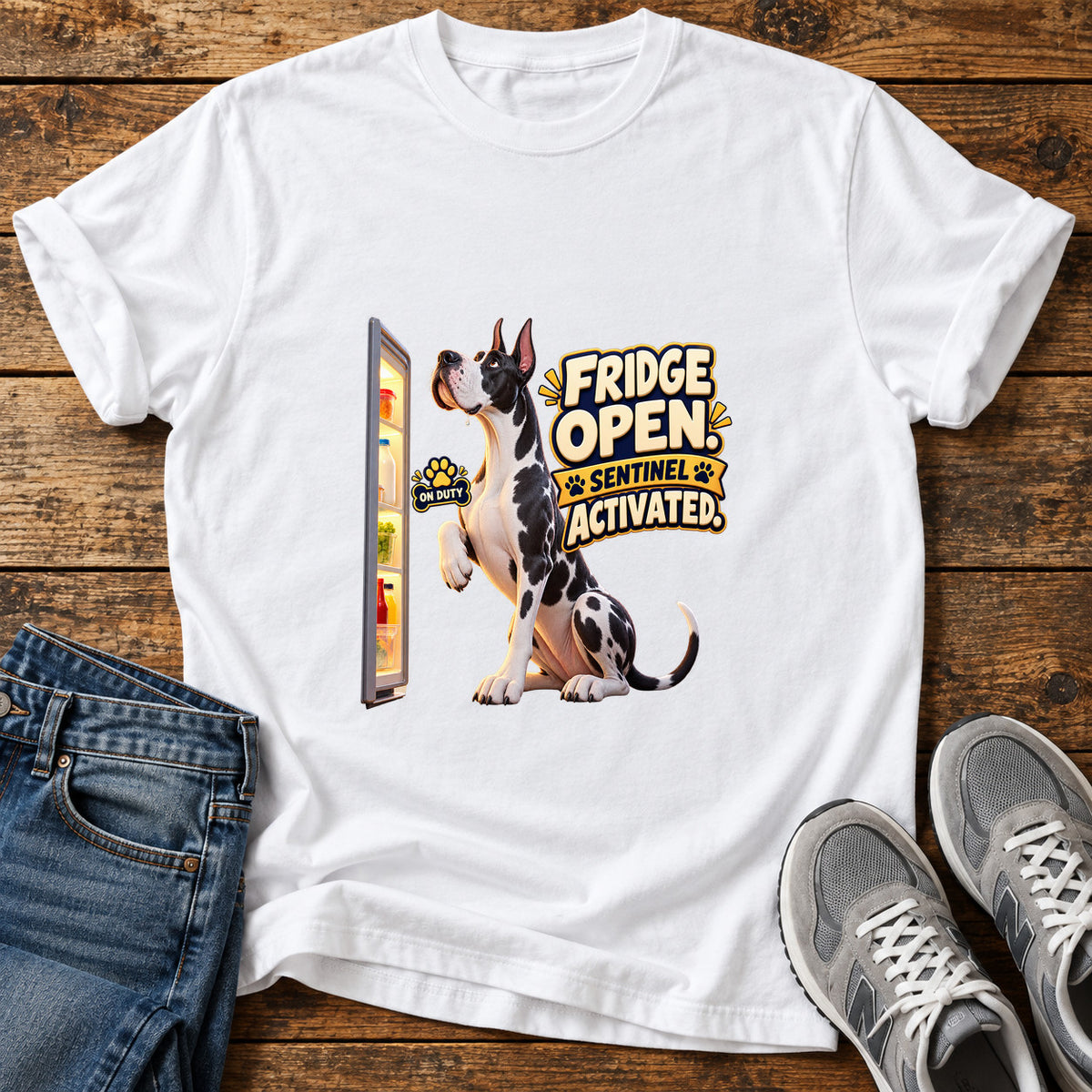 Fridge Sentinel Great Dane graphic T-shirt in White, shown on a flat-lay shirt mockup