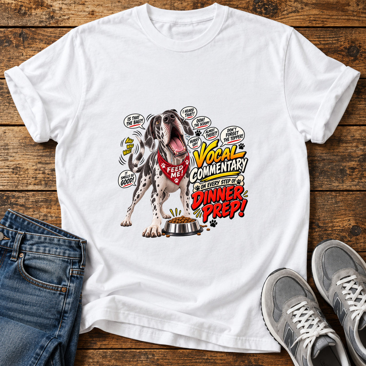 Dinner Prep Commentary Great Dane graphic T-shirt in White, shown on a flat-lay shirt mockup
