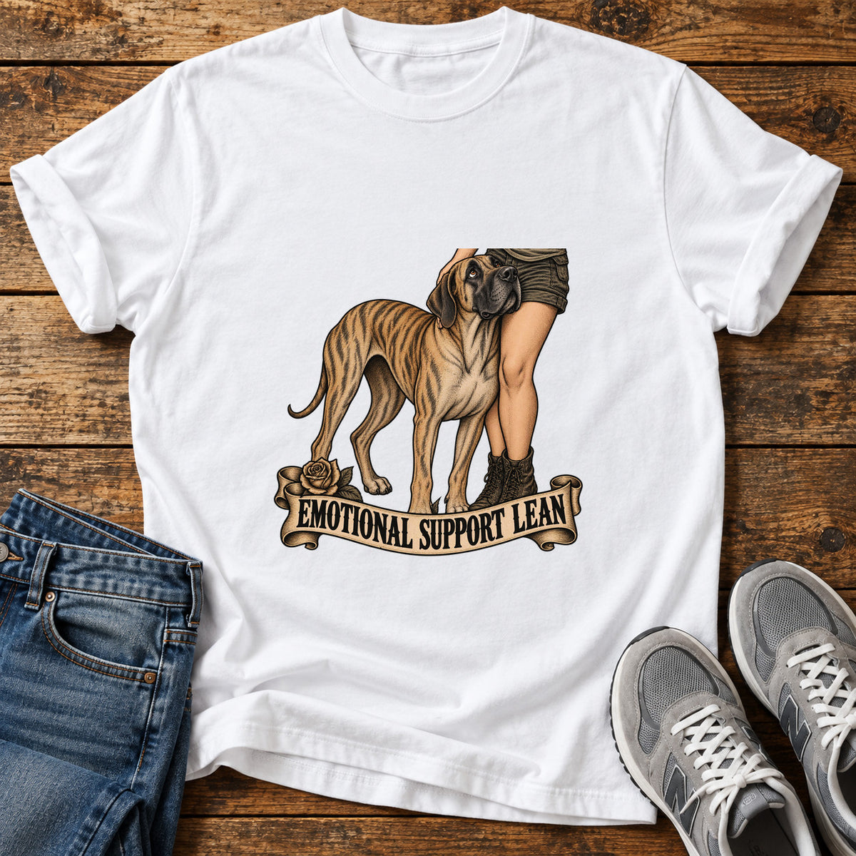 Emotional Support Lean Great Dane graphic T-shirt in White, shown on a flat-lay shirt mockup