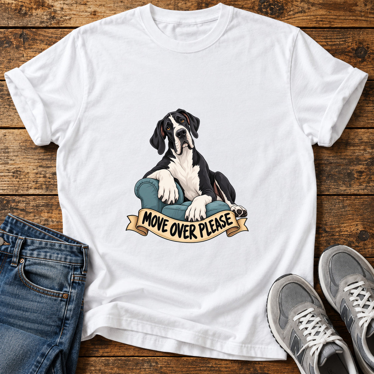 Move Over Please Great Dane graphic T-shirt in White, shown on a flat-lay shirt mockup
